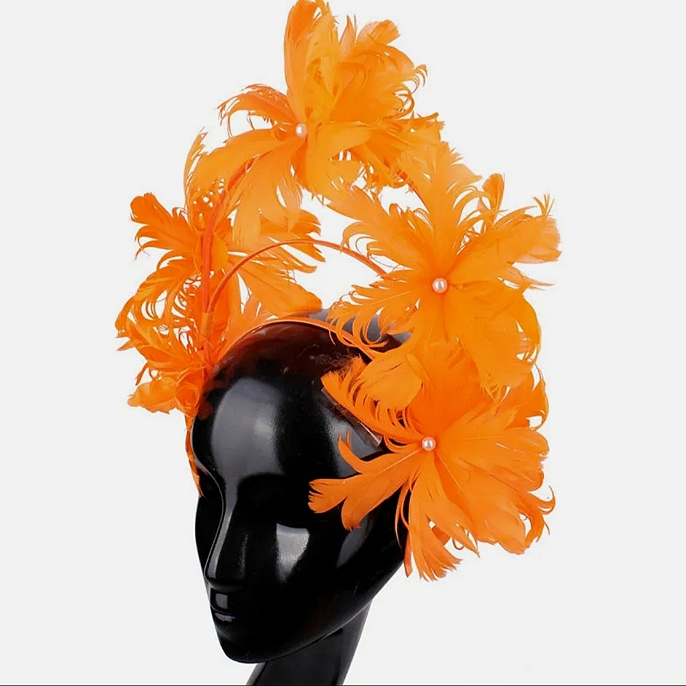 Fabulous Designer Orange Floral Fascinator Sculpted High Headband Tea Brunch